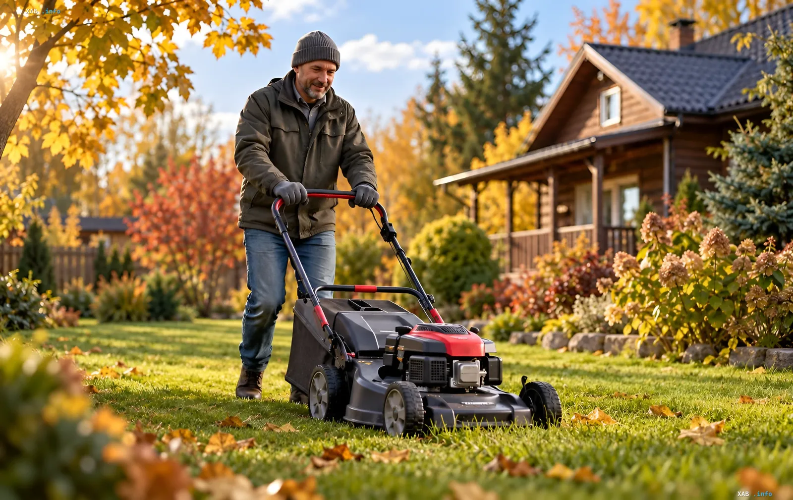 Autumn lawn preparation for winter and leaf raking in October