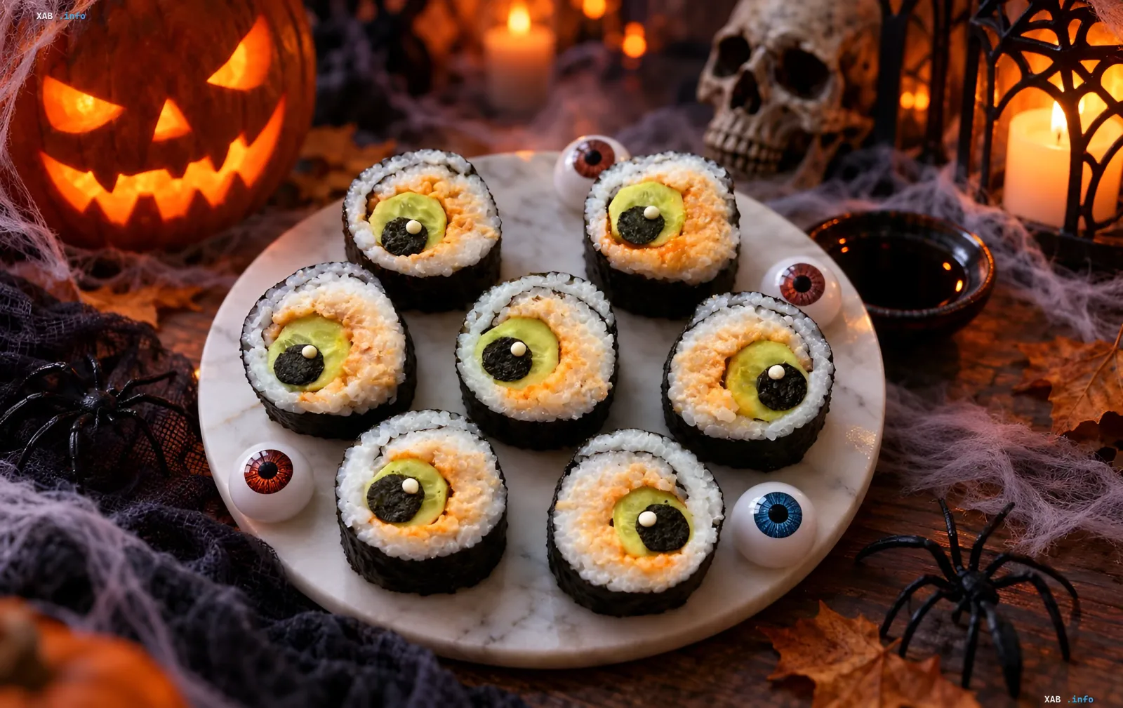 Hausgemachtes Halloween-Augen-Sushi mit Thunfisch und Gurke