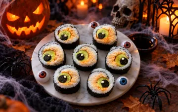 Hausgemachtes Halloween-Augen-Sushi mit Thunfisch und Gurke