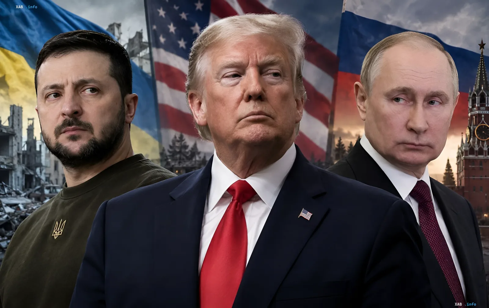 Дональд Трамп и Владимир Путин на фоне топливных резервуаров