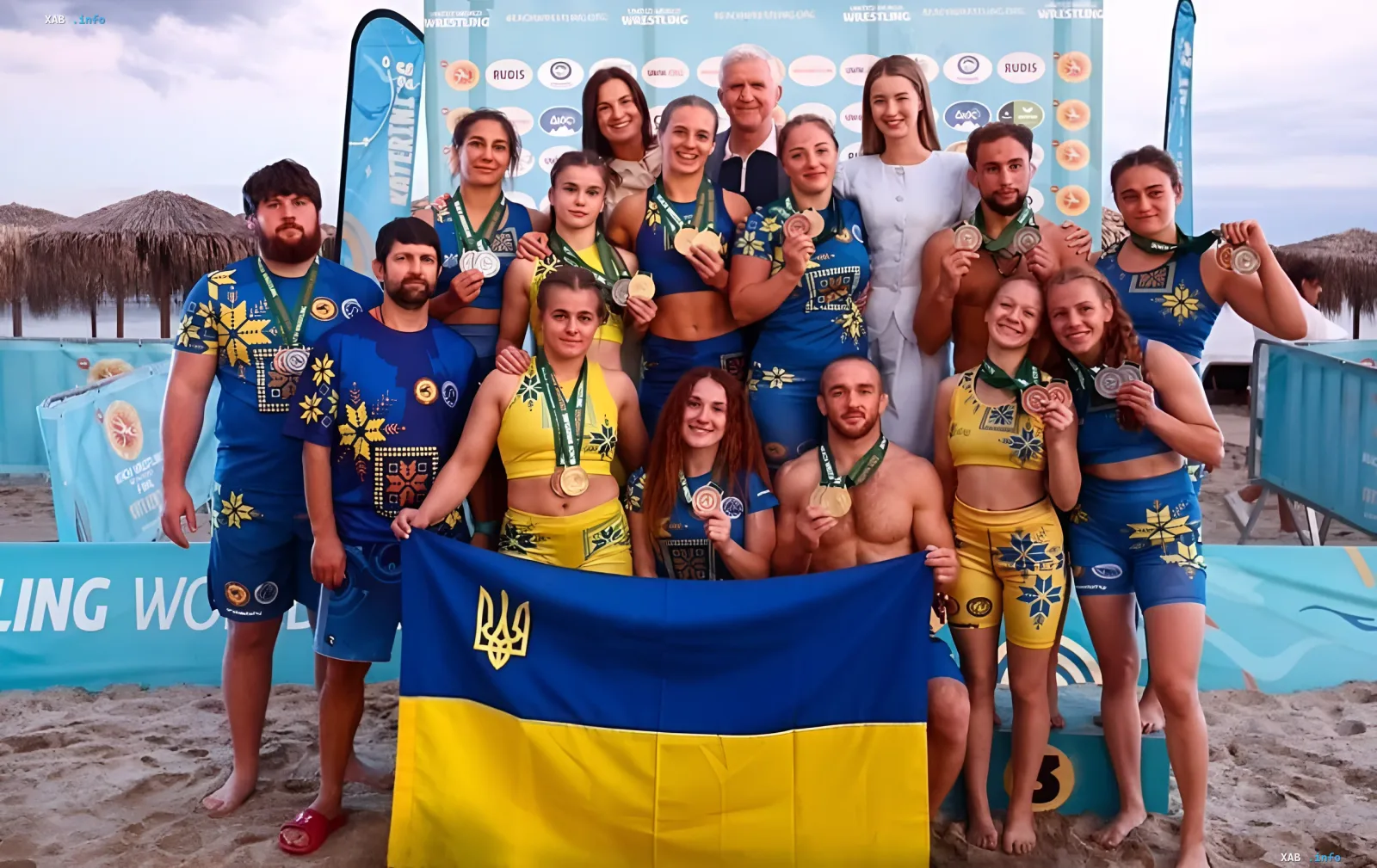 Ukrainian wrestlers on the podium of the Beach Wrestling World Series in Greece