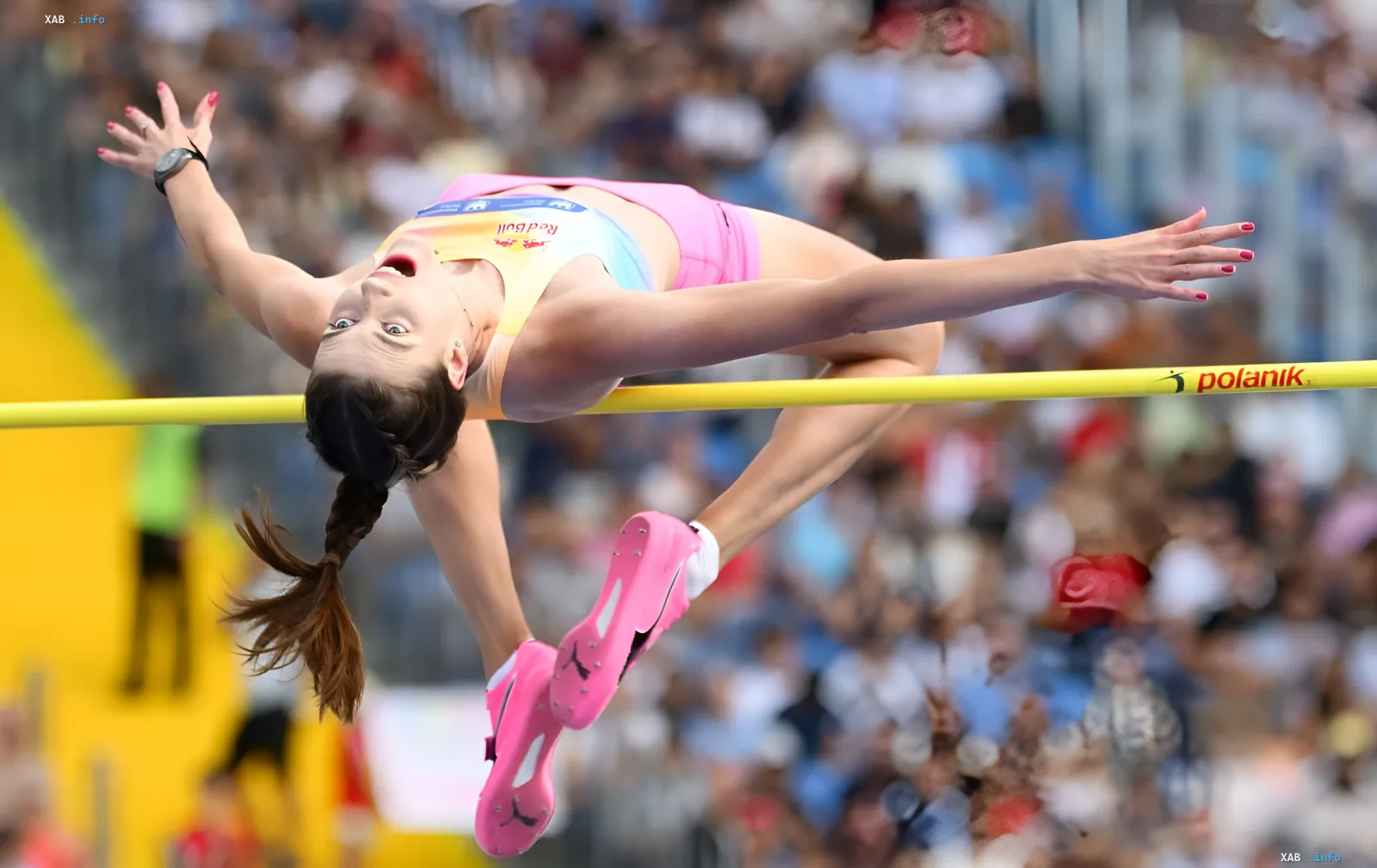Yaroslava Maguchikh celebrating a victory at a Diamond League meeting