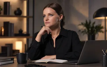 Die ukrainische Journalistin Alina Dorotyuk an ihrem Schreibtisch in einem Studio während eines Interviews