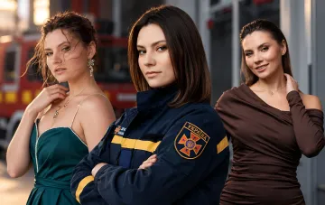Actress Antonina Khyzhniak in a Ukrainian rescue service uniform and evening dresses