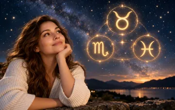 Beautiful young woman dreamily looking at the starry sky with Taurus, Scorpio, and Pisces zodiac signs