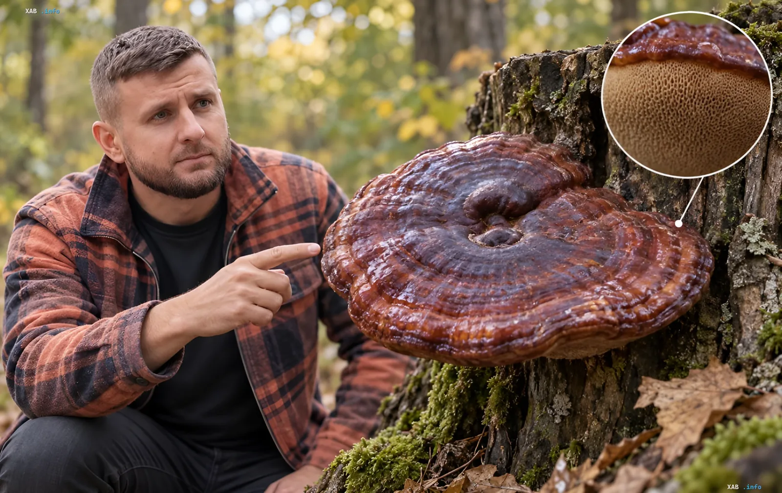 Ein Mann im Wald zeigt auf einen großen Reishi-Pilz an einem Baumstumpf