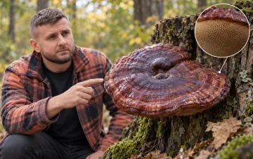 Ein Mann im Wald zeigt auf einen großen Reishi-Pilz an einem Baumstumpf
