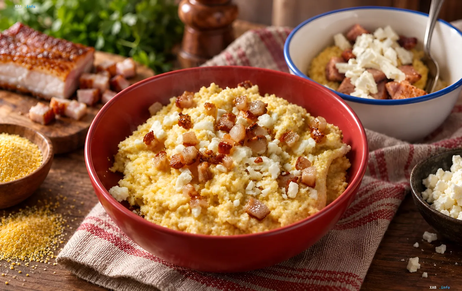 Appetizing Carpathian banosh in a red bowl with brynza and cracklings on a wooden table
