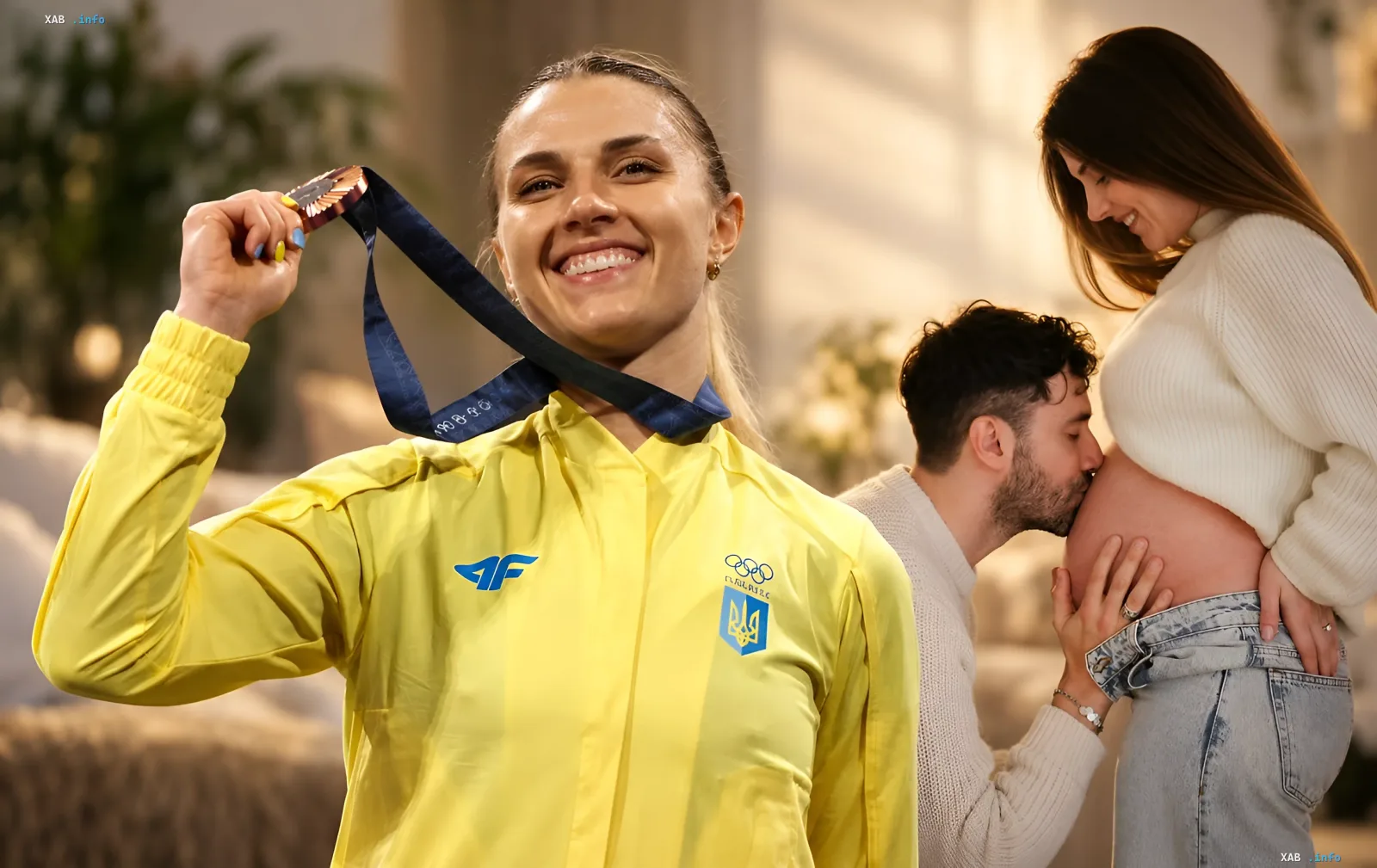 Ukrainian fencer Olga Kharlan holding an Olympic medal against the background of her fiancé Luigi Samele tenderly kissing a pregnant belly