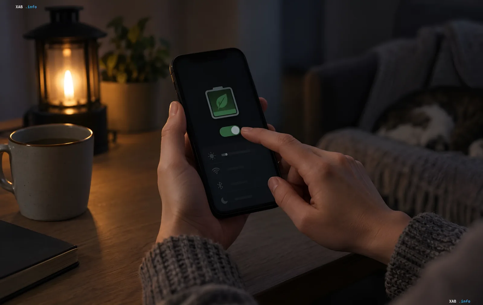 Eine Person stellt Energiespareinstellungen auf dem Smartphone-Bildschirm in einem Raum bei gedimmtem Lampenlicht ein