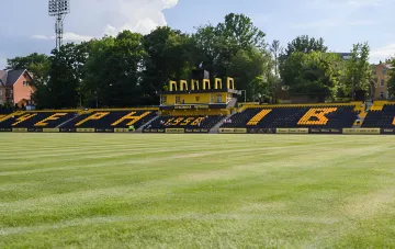 Stands and football pitch of the Bukovyna stadium in Chernivtsi during renovation