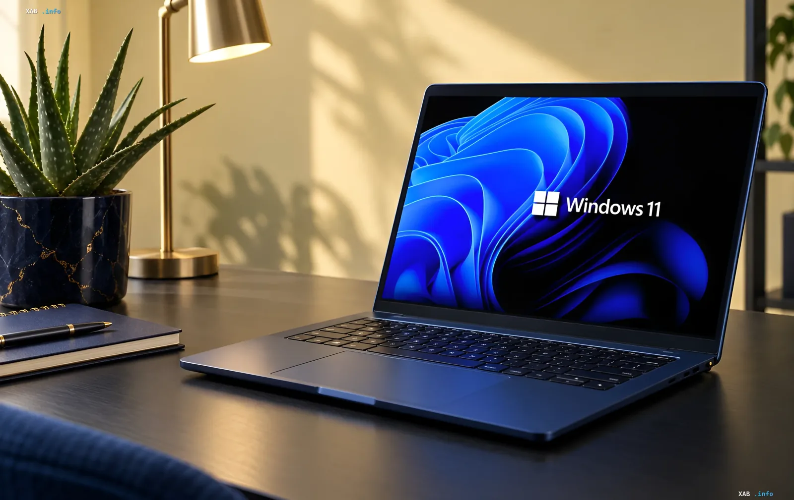 Современный ноутбук с запущенной операционной системой Windows 11 на экране, стоящий на рабочем столе рядом с настольной лампой и растением.