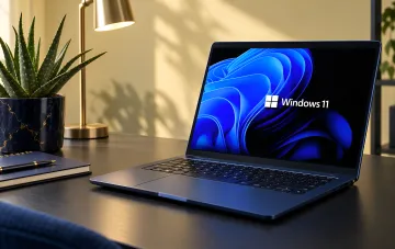 Современный ноутбук с запущенной операционной системой Windows 11 на экране, стоящий на рабочем столе рядом с настольной лампой и растением.
