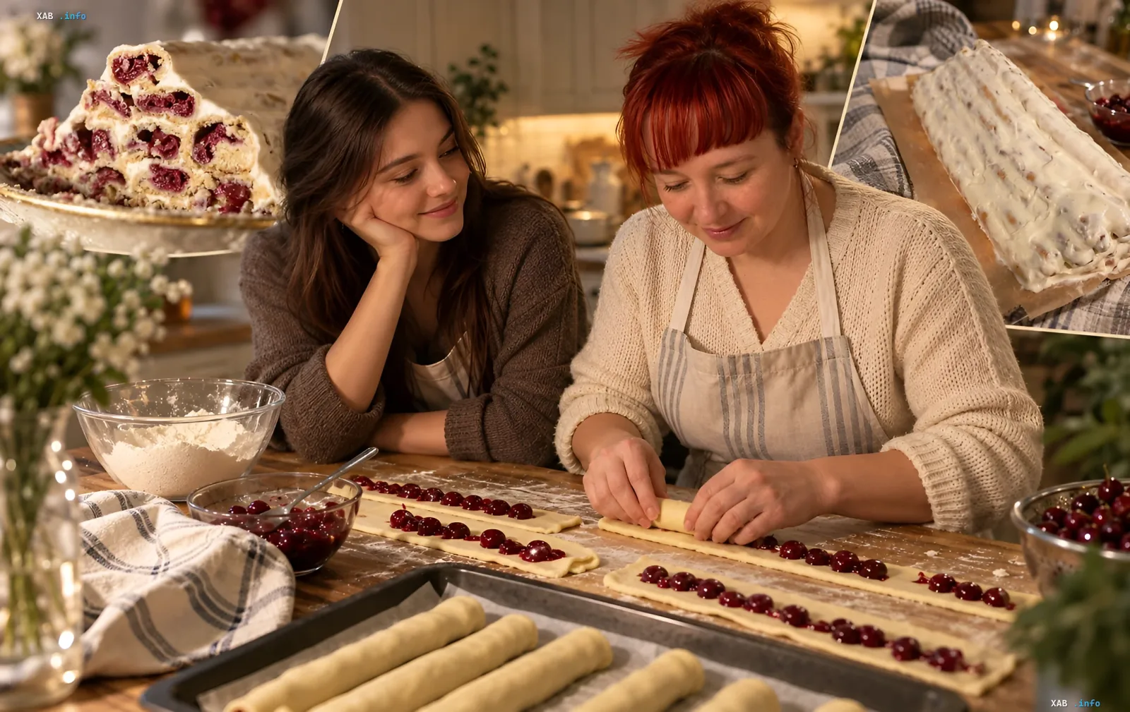 Hausgemachter Smerekova Hata Kuchen mit Kirschen und Schmandcreme geschnitten