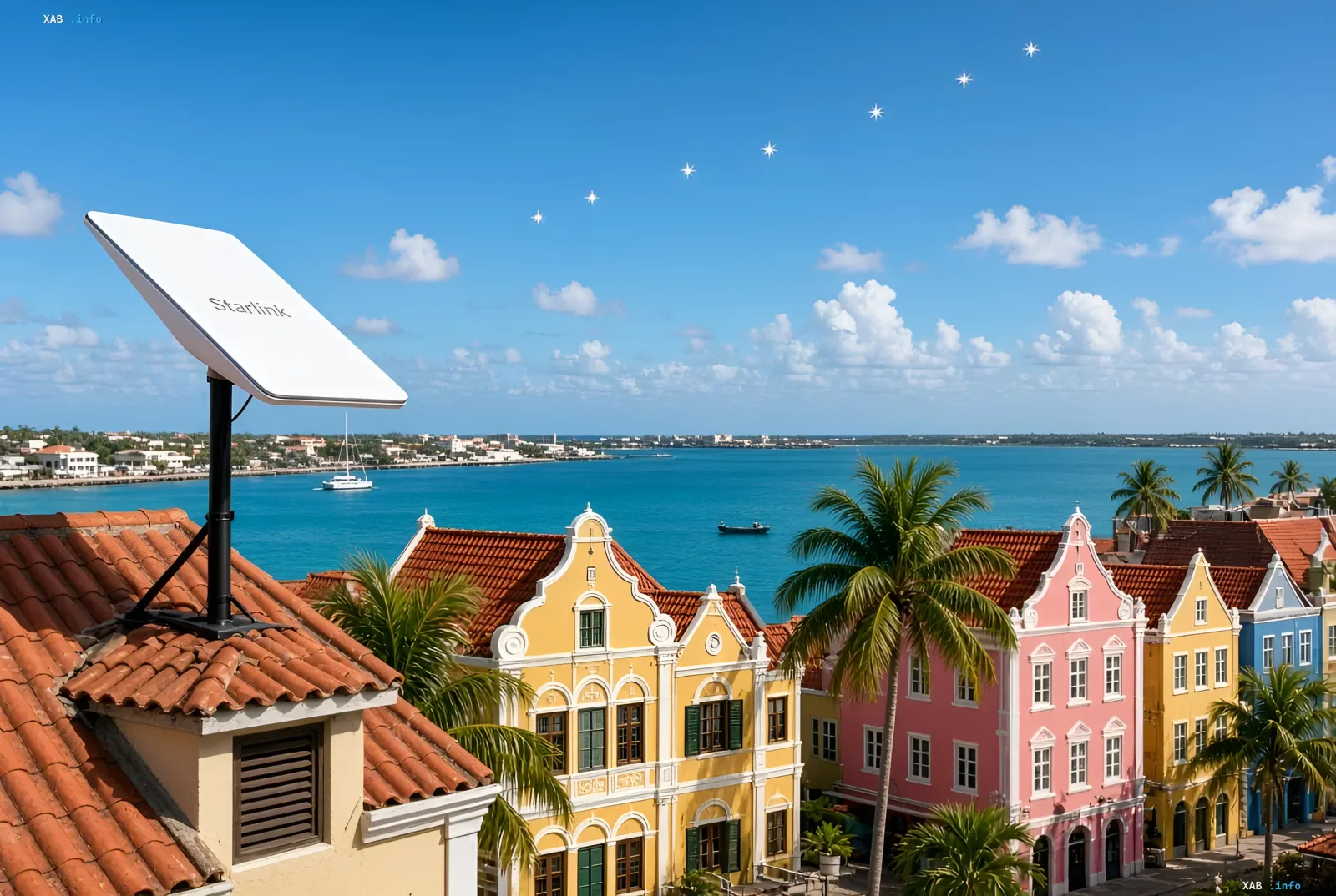 Starlink-Satellitenschüssel vor der karibischen Landschaft von Curaçao