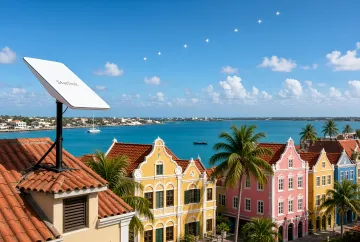Starlink-Satellitenschüssel vor der karibischen Landschaft von Curaçao