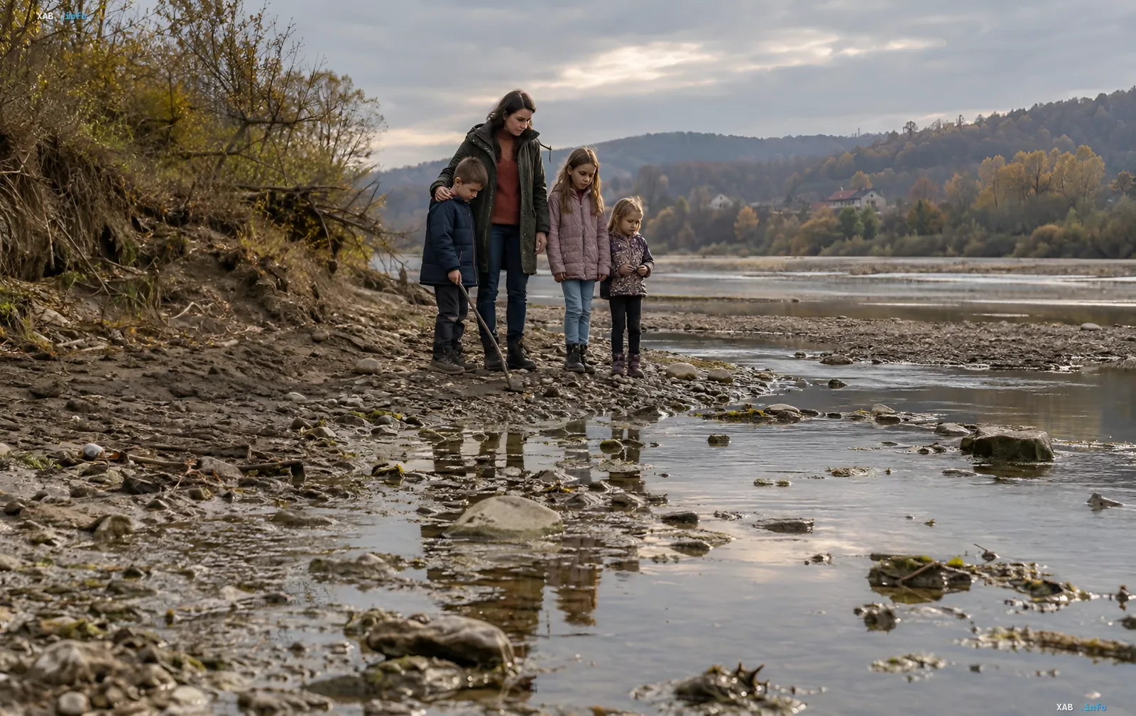 Eine Frau und Kinder stehen an einem herbstlichen Tag am steinigen Ufer eines flachen Flusses