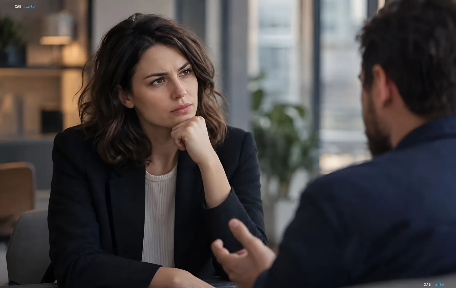 A woman with short dark hair thoughtfully listens to her interlocutor at a table in an office