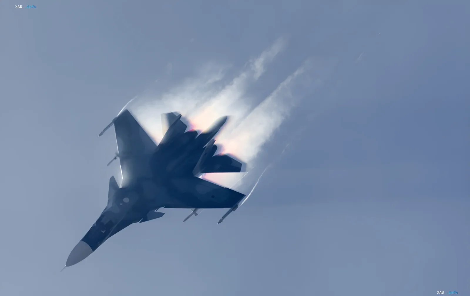 Russian fighter jet performing a maneuver in the sky with white condensation trails