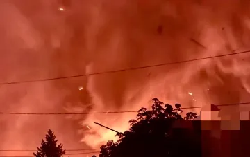 Мощный пожар в ночном городе с оранжевым заревом и силуэтами деревьев