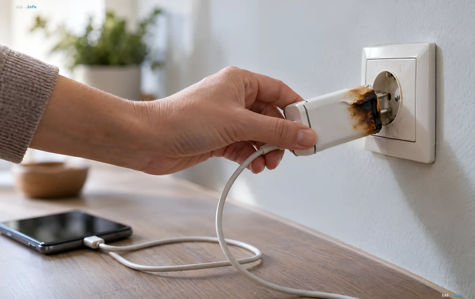 Charger plugged into an outlet on a hard surface