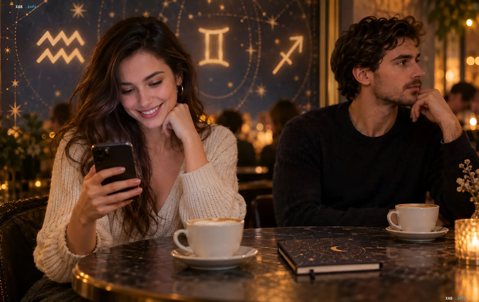 Eine Frau schaut gebannt auf ihr Smartphone an einem Restauranttisch, während ein Mann in der Nähe nachdenklich wegschaut