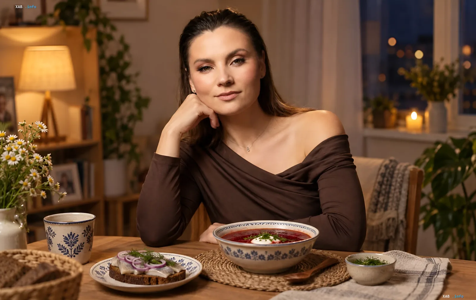 Ukrainian actress Antonina Khyzhniak having dinner with a bowl of borscht and a herring sandwich