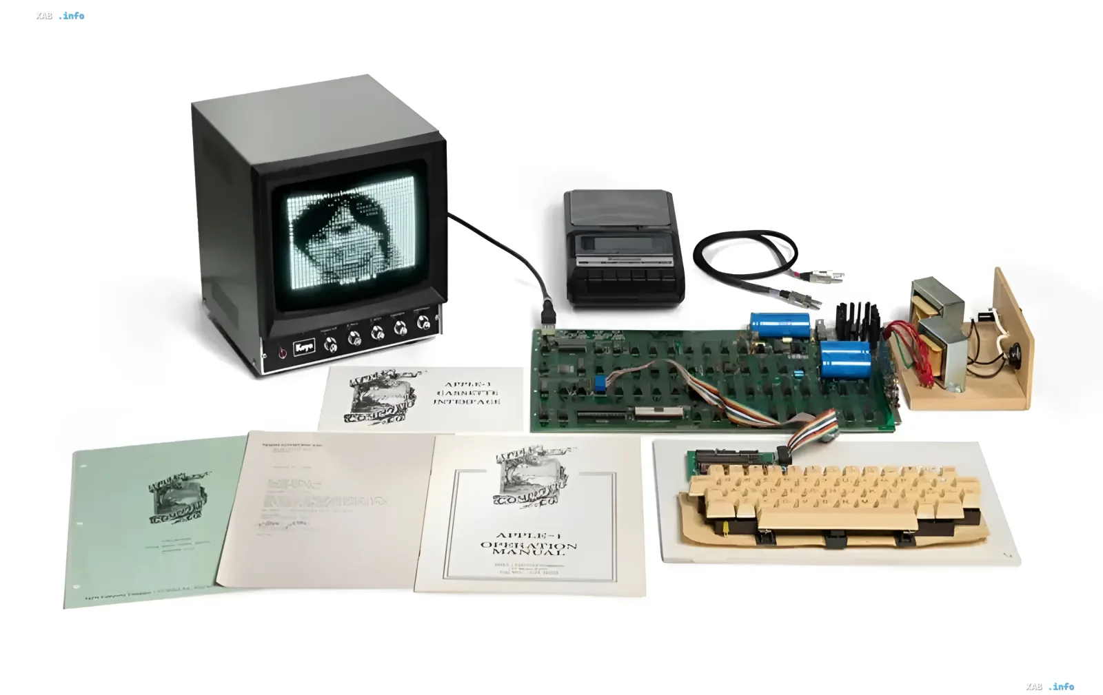 Rare collectible Apple I Hatfield computer complete with monitor, keyboard, and documents