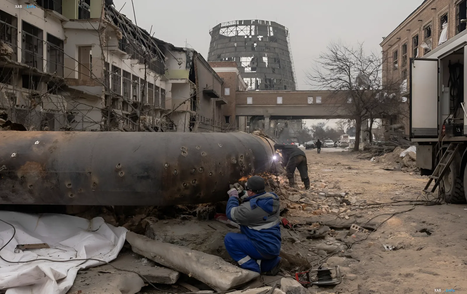 Workers perform welding and repair work on a damaged large pipeline against the backdrop of the destroyed Darnitsa CHPP in Kyiv