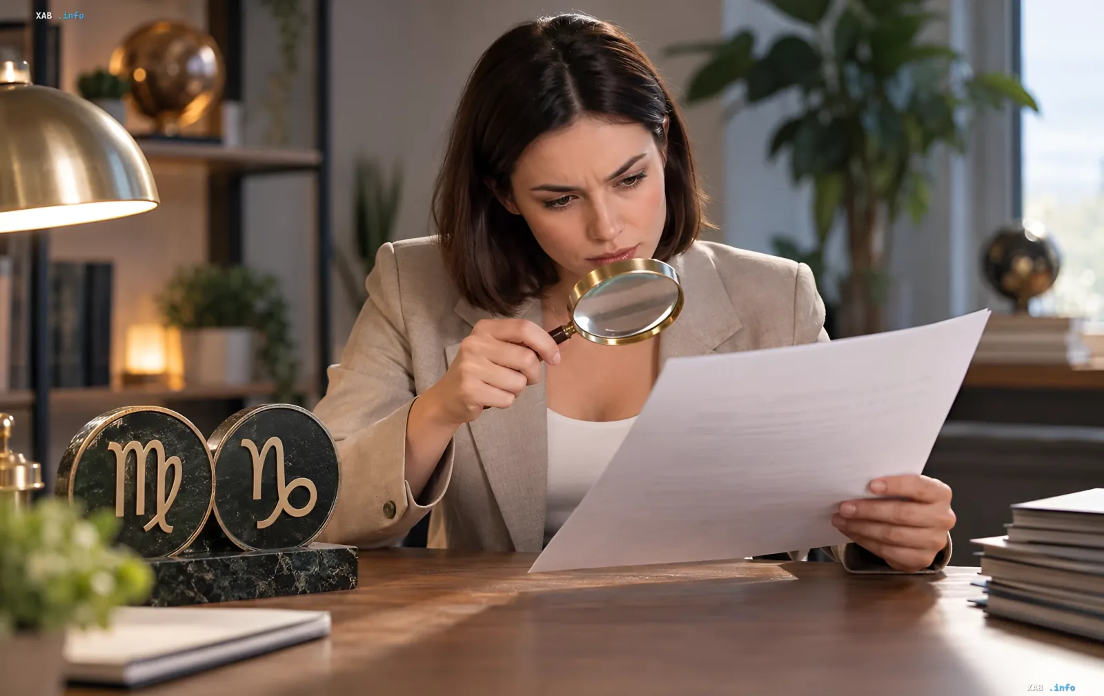 Woman in a business suit examines documents with a magnifying glass next to Virgo and Capricorn zodiac signs