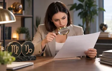 Woman in a business suit examines documents with a magnifying glass next to Virgo and Capricorn zodiac signs