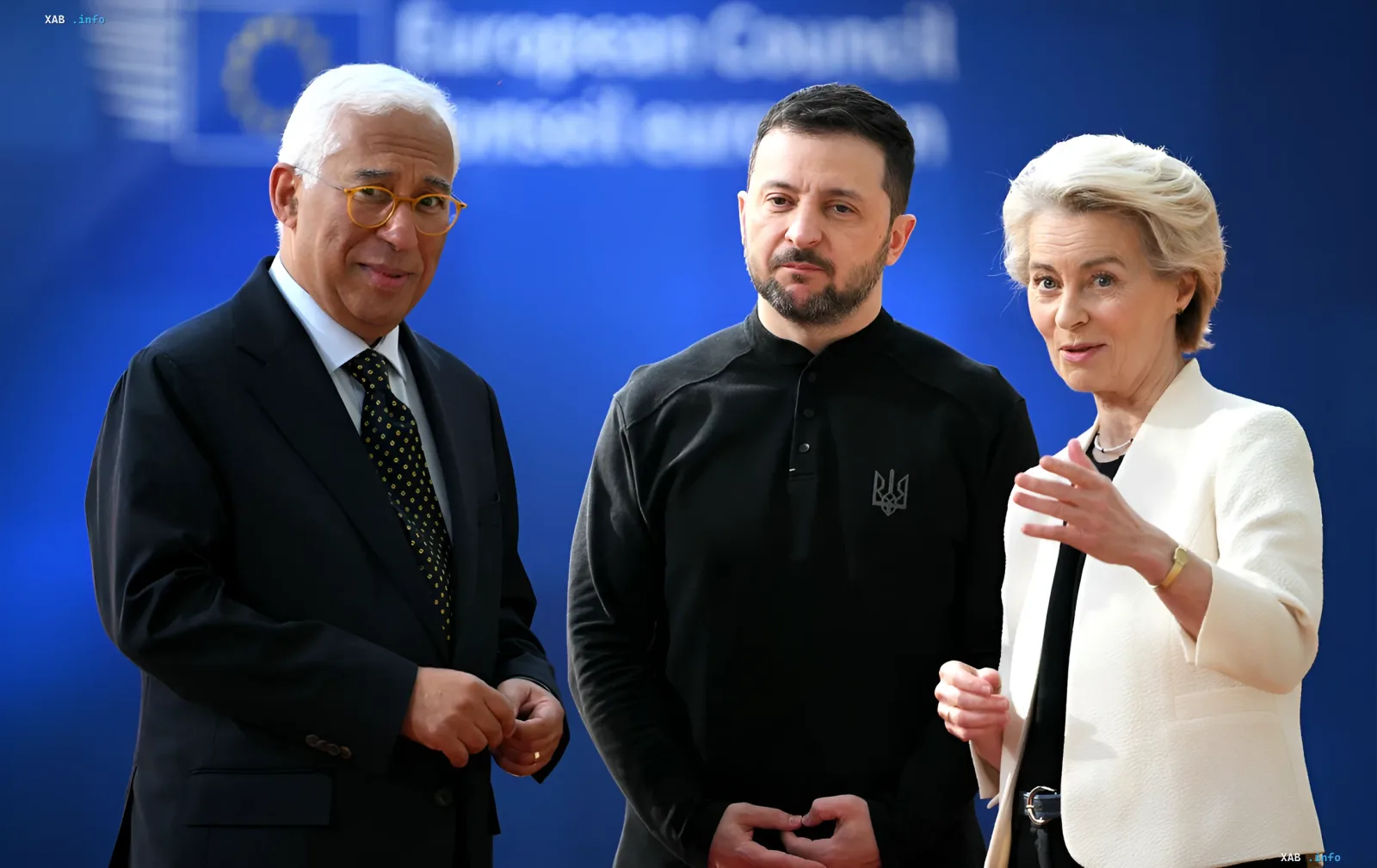 António Costa, Volodymyr Zelenskyy, and Ursula von der Leyen at a meeting in Brussels