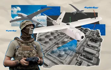 Reconnaissance drone operator with controller against the background of UAVs and an industrial facility