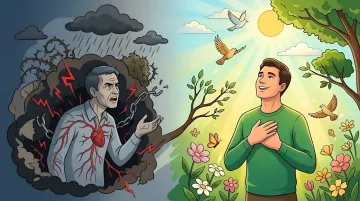 Контраст негативных мыслей и позитивного восприятия жизни на рисунке