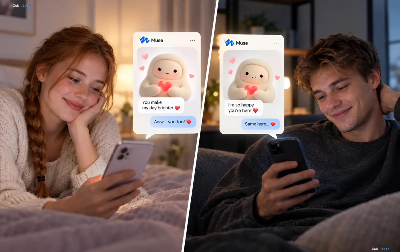 A young man and woman in dim light communicating with their Muse AI agent on smartphones