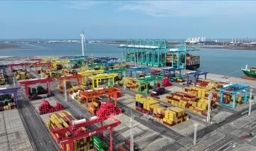 Большой современный контейнерный терминал с разноцветными кранами и штабелями контейнеров