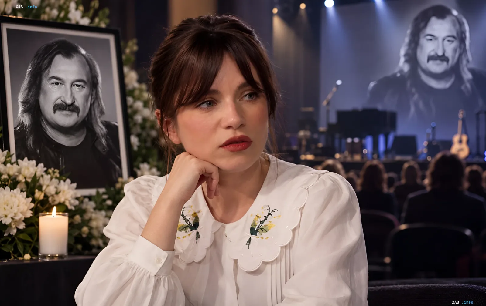Khrystyna Soloviy looking thoughtful in front of Stepan Higa's portrait at a memorial concert.