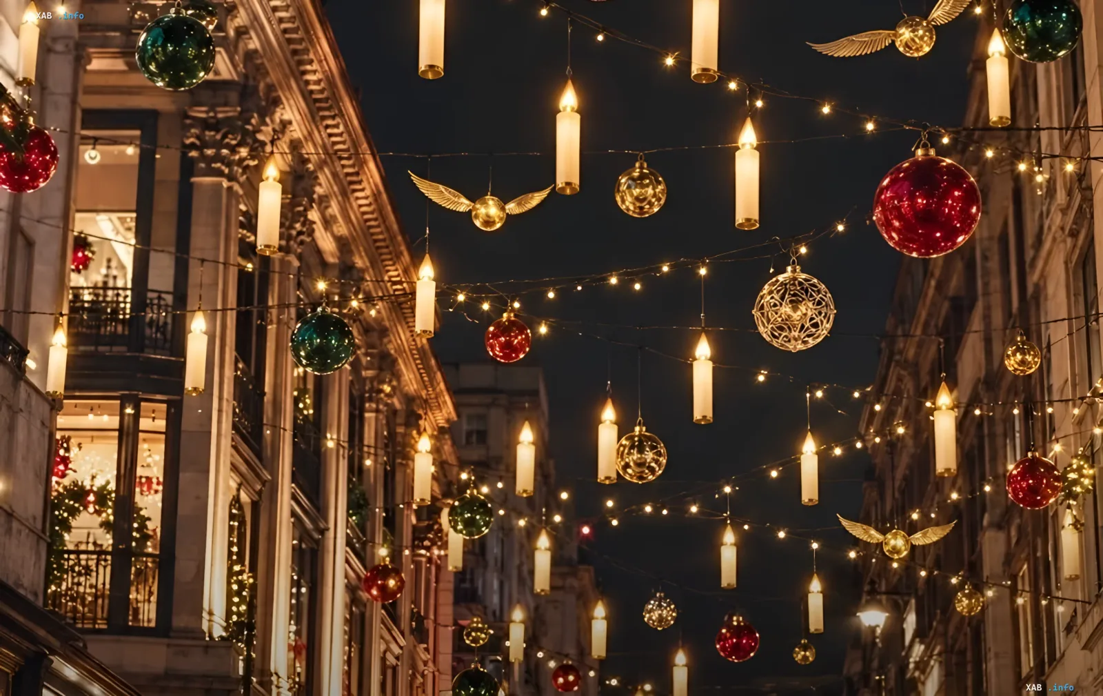 Oxford Street festive illuminations in London featuring Harry Potter style floating candles and baubles