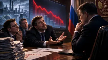 Maenner in Geschaeftsanzuegen diskutieren ueber die Wirtschaftskrise vor dem Hintergrund fallender Diagramme und russischer Symbole