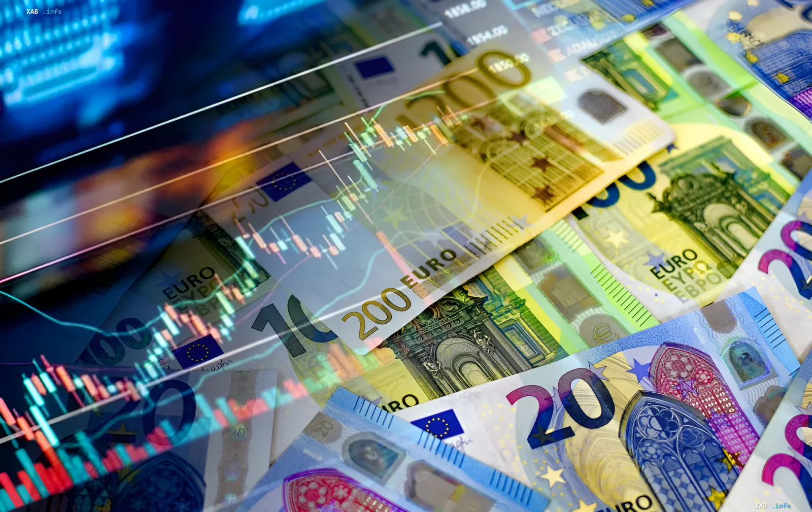 Stock market charts and various euro banknotes in close-up