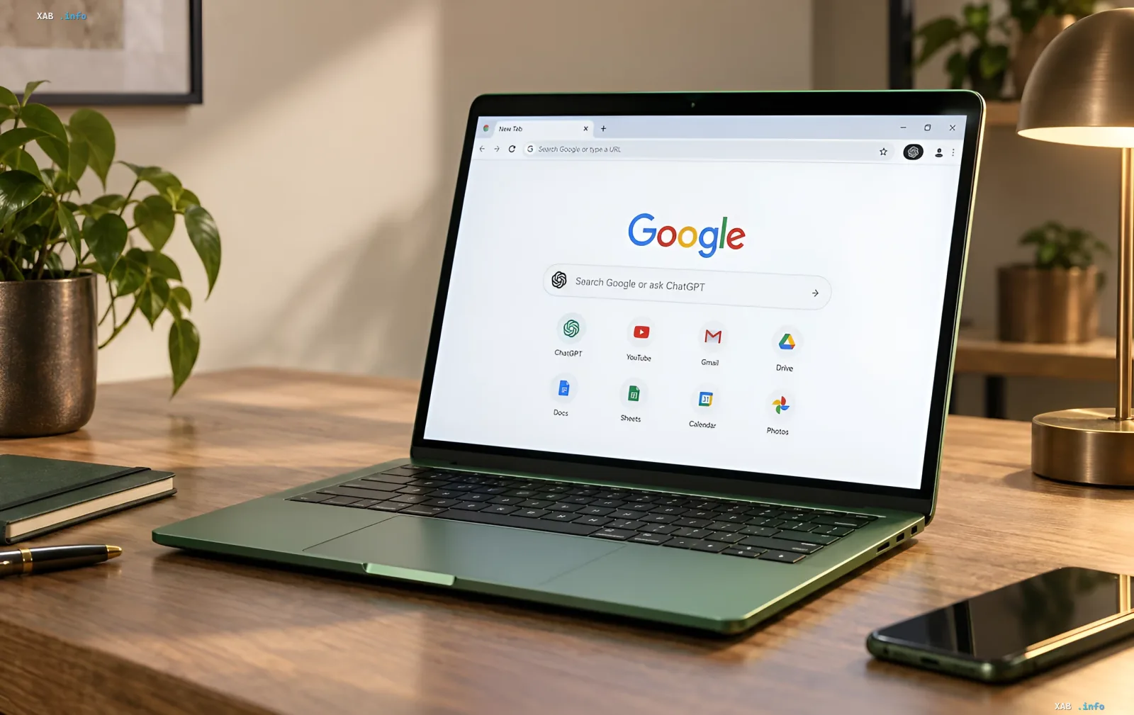 Grüner Laptop auf einem Holztisch mit geöffnetem Google-Chrome-Browser und ChatGPT-Schnittstelle