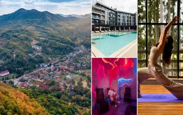 Collage featuring views of an autumn Carpathian resort, a hotel complex with a pool, a salt cave, and a woman practicing yoga.