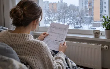 Женщина в свитере сидит дома с документами на фоне зимнего окна и батареи отопления