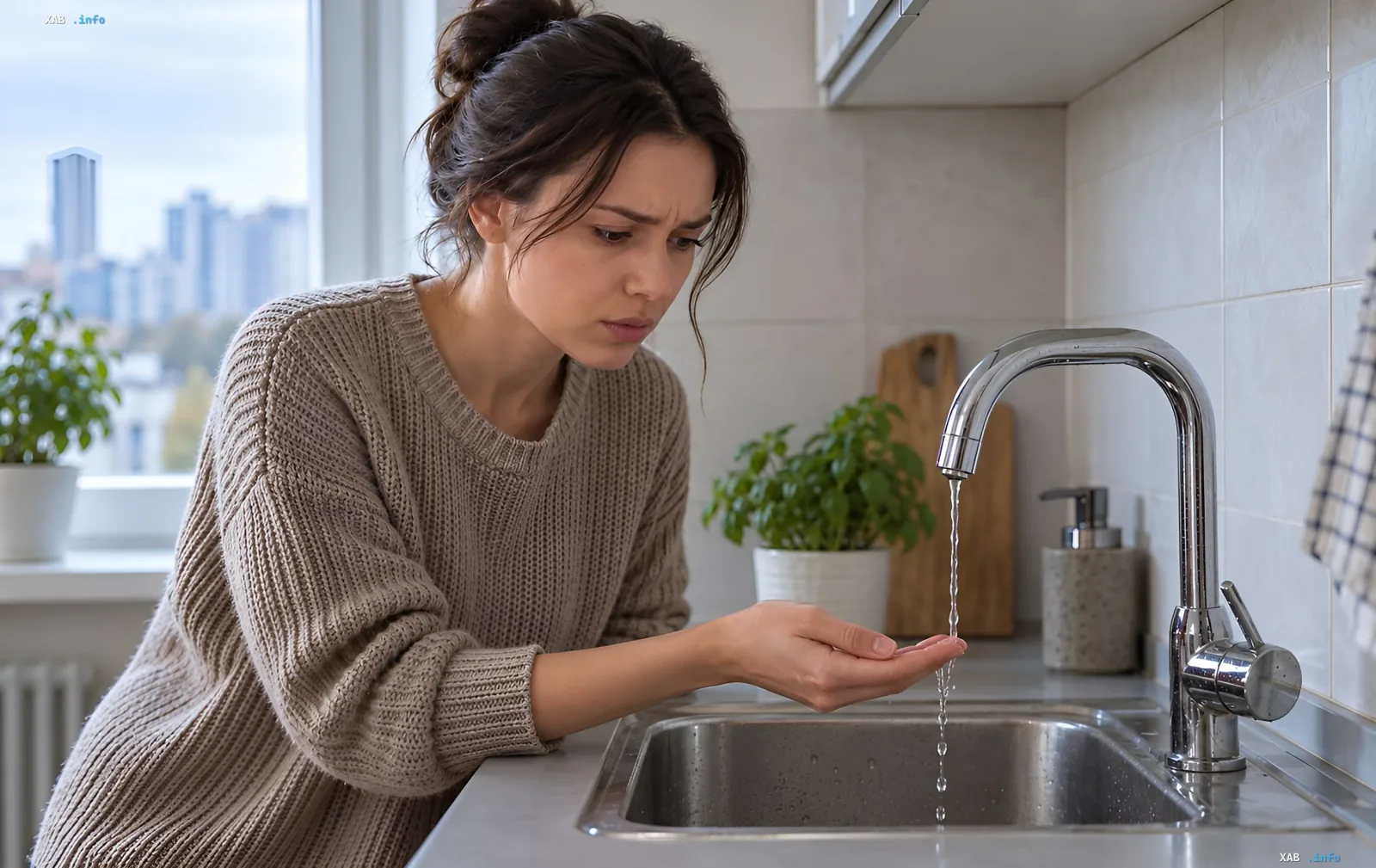 A woman in a beige sweater looks concerned at a weak stream of water from a kitchen faucet