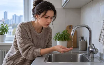 A woman in a beige sweater looks concerned at a weak stream of water from a kitchen faucet