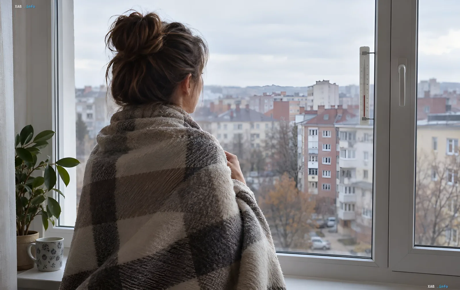 A woman wrapped in a plaid blanket looks out the window of a city apartment at the cityscape with a thermometer.