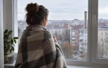 Женщина в клетчатом пледе смотрит из окна городской квартиры на зимний пейзаж с термометром.