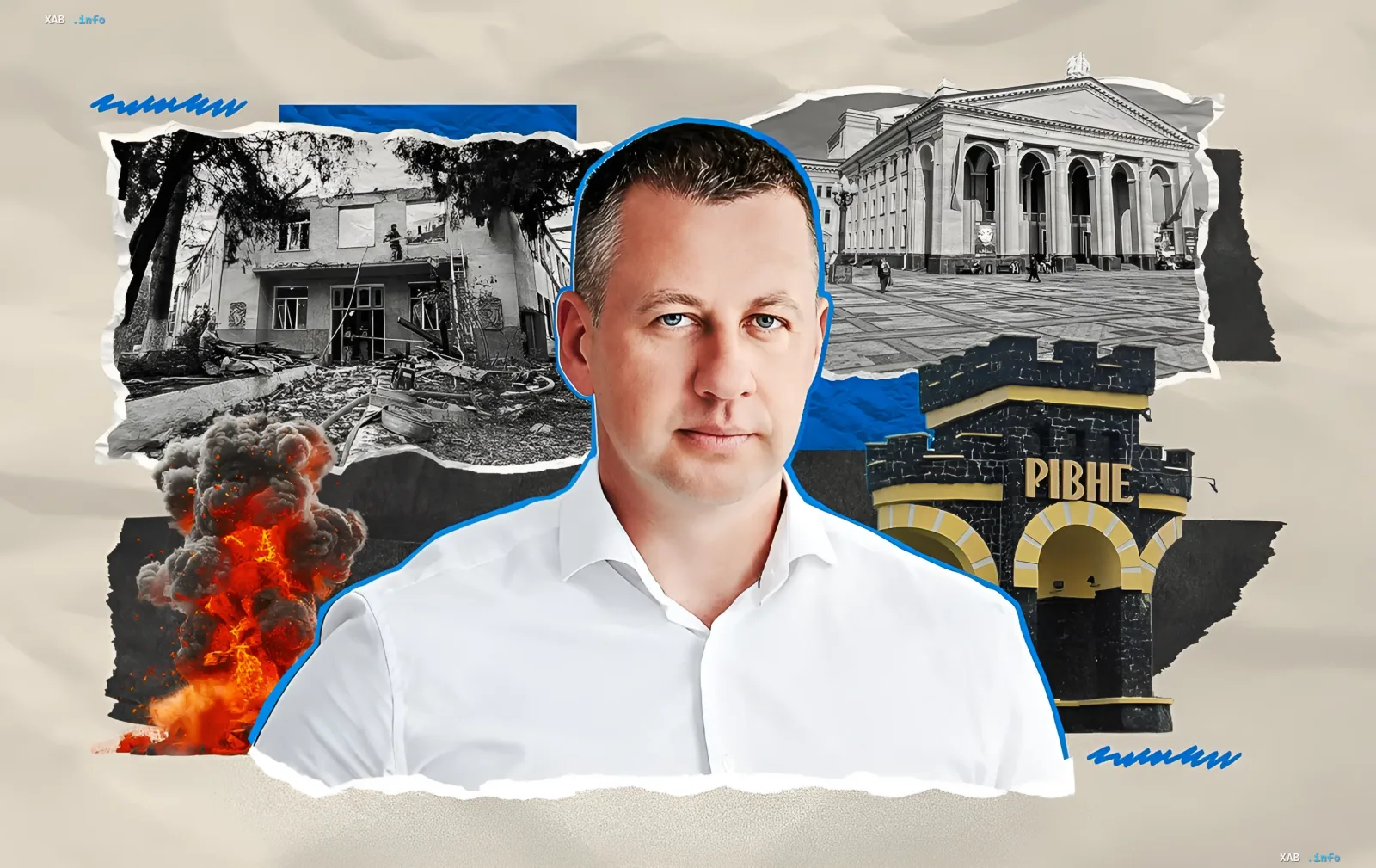 Portrait of Acting Mayor of Rivne Viktor Shakirzyan against the backdrop of shelling aftermath and city landmarks
