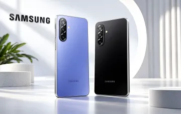 Two Samsung smartphones in black and blue colors standing on a white background