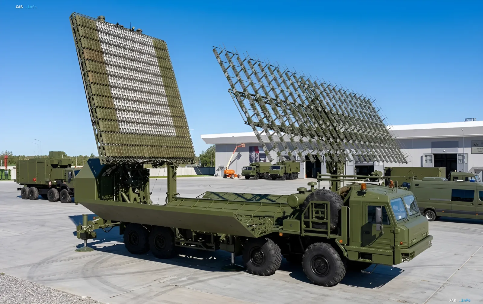 Military radar station complex deployed in an open area on a clear day